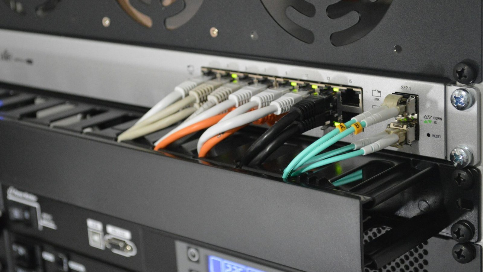 Network switch with patch cables connected
